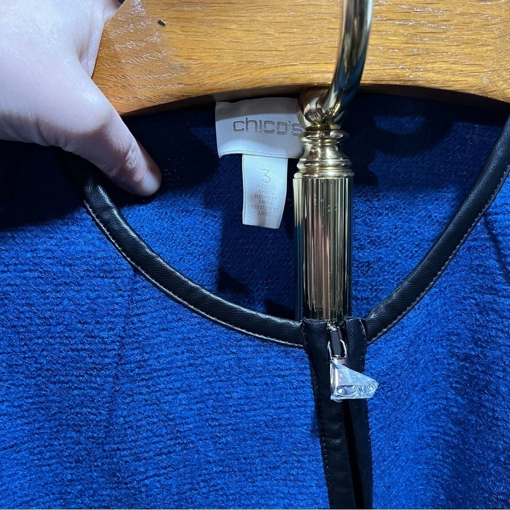 CHICO’S ~ Blue Wool Blend Coat with Black Piping - Picture 6 of 8